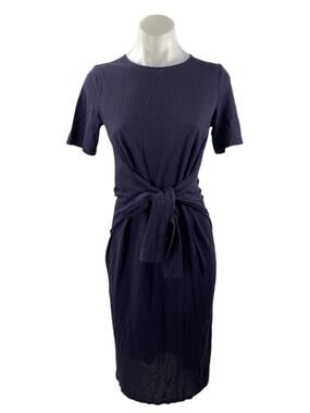Cos Navy Blue Tie Waist Crew Neck Short Sleeves Midi Bodycon Sheath Dress Sz XS